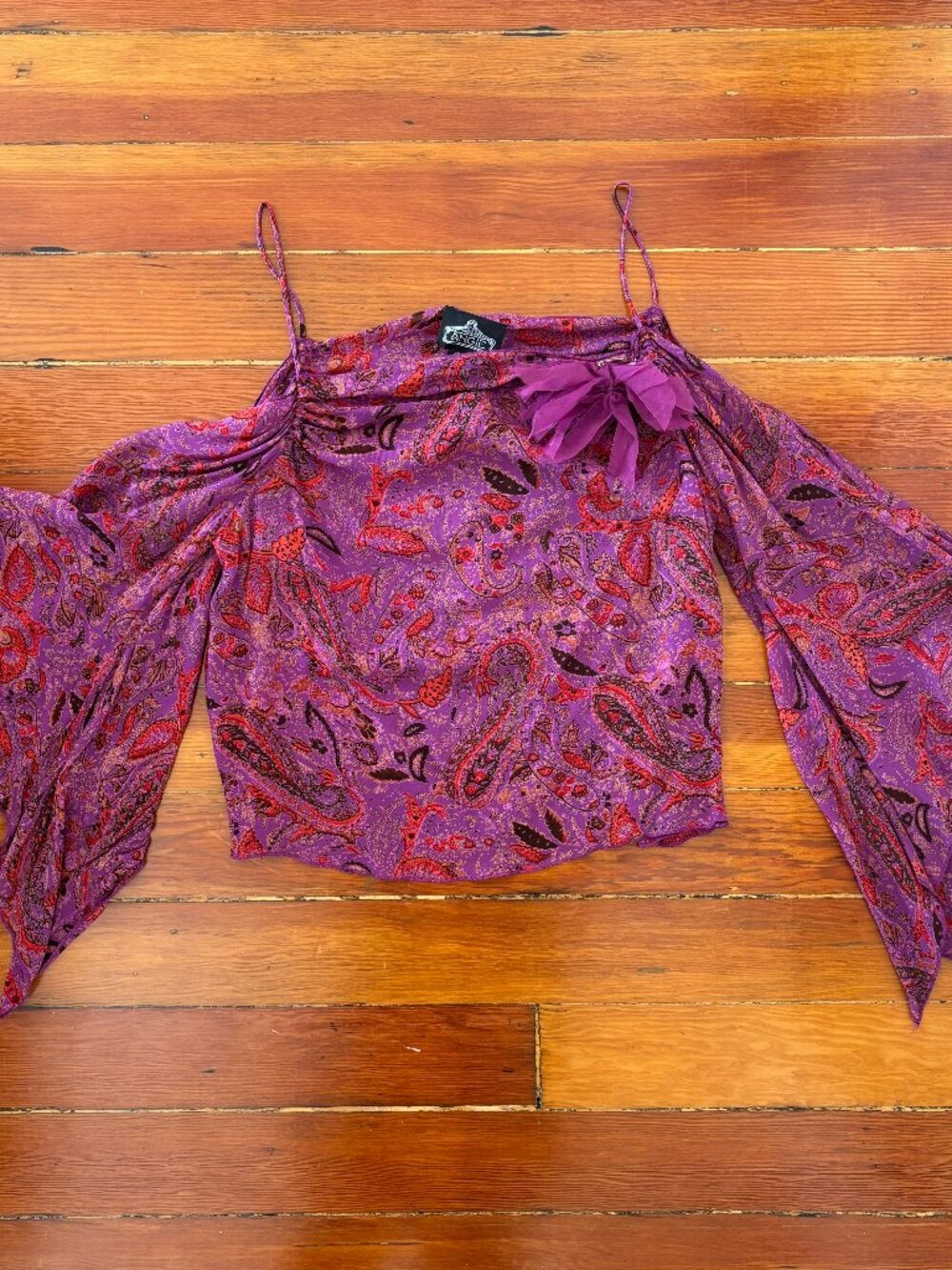 Y2K Vintage Boho Cold Shoulder Paisley Blouse with Flower Pin Angie SMALL